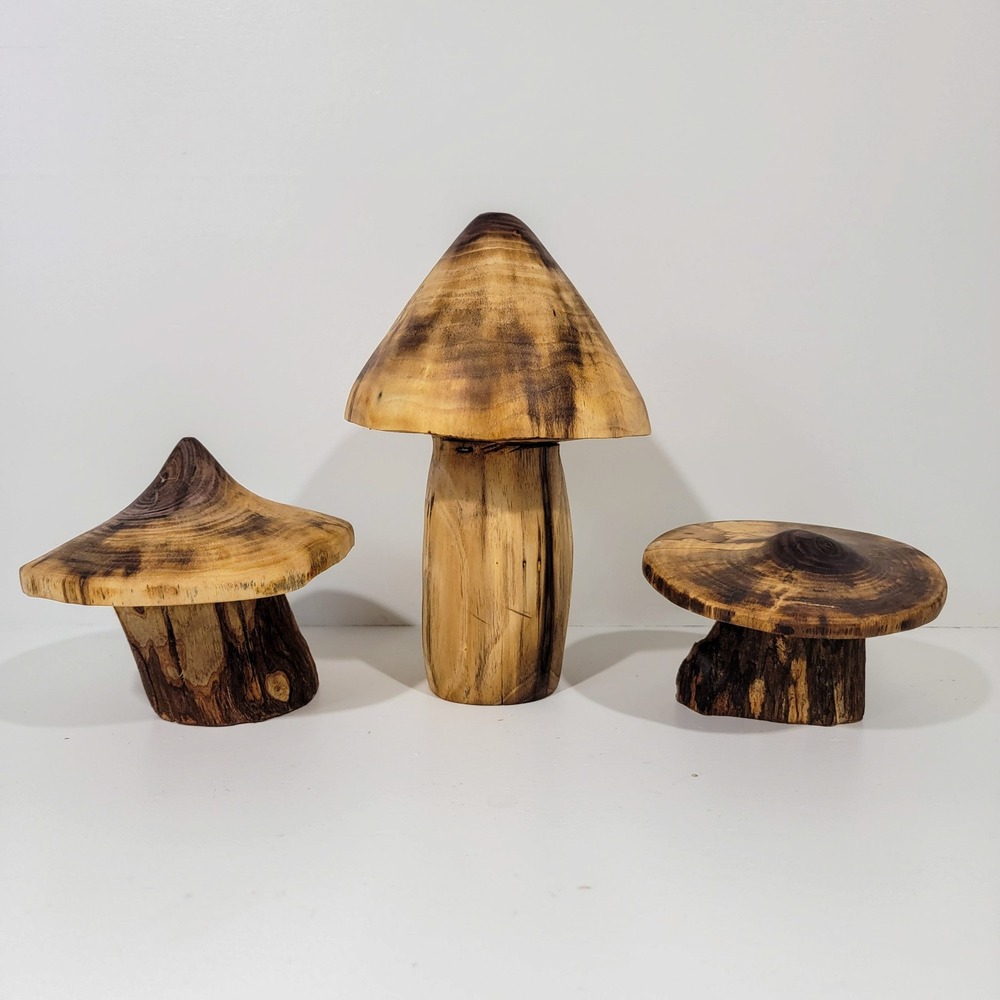 Handmade Natural Wood Mushroom Figurines Set of 3 Rustic Woodland Decor Art